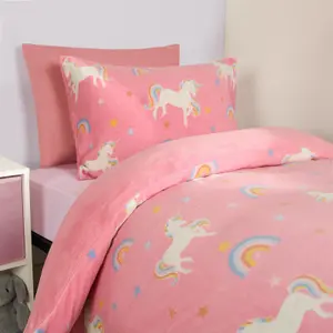 Unicorn Bedding Duvet Cover Set Plush Fleece Warm Quilt, Pink - Junior