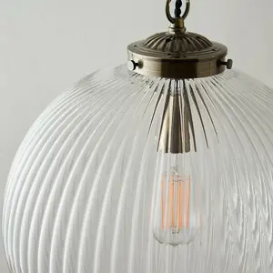 Hanging Ceiling Pendant Light BRASS & RIBBED GLASS Large Round Lamp Shade Holder