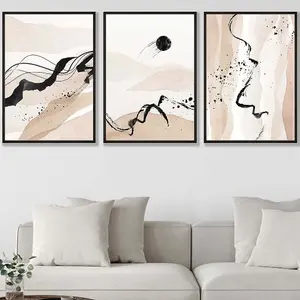 Set of 3 Beige Black Abstract Mountain Contours Wall Art Prints / 50x70cm / Black Frame