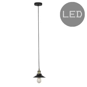 ValueLights Colonial Black and Antique Brass Ceiling Light Pendant with Tapered Shade - LED Filament Bulb In Warm White