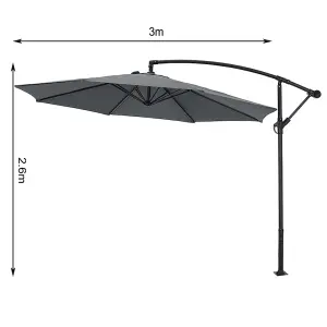 3M Large Rotatable Garden Sun Shade Cantilever Parasol Patio Hanging Banana Umbrella Crank Tilt No Base, Dark Grey