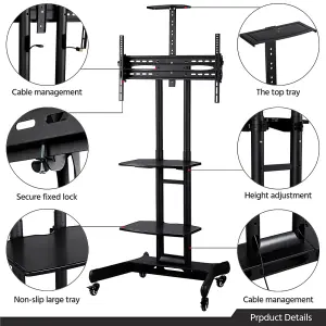 Yaheetech Black Adjustable Mobile TV Stand with Wheels and 3-tier Shelves