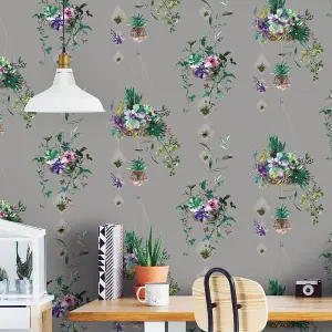 Terrarium Wallpaper Floral Botanical Basket Metallic Grey