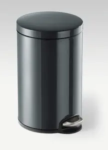 Durable Gloss Finish Round Metal Pedal Bin - 12 Litre - Charcoal Grey