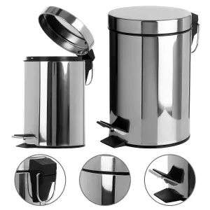 5L Stainless Steel Pedal Bin Silver Rubbish Bin for Kitchen, Bathroom & Toilet