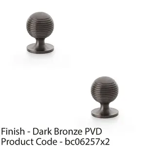 2 PACK - Reeded Ball Door Knob - 32mm Diameter Dark Bronze Lined Cupboard Pull Handle