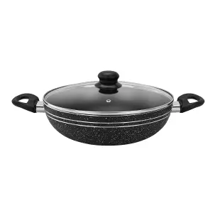 Royalford  28 CM Non-Stick Induction Wok Pan with Glass Lid Deep Cooking Frying Pan Kadai