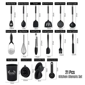 Silicone Kitchen Utensil Set 21 Pcs Non-Stick Heat Resistant Cookware, Food Grade And Dishwasher Safe Cooking Utensils With Holder (Grey) Black