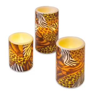 3 x Animal Print Real Wax LED Pillar Candles - Battery Powered Flickering Light Home Decoration - 1 of Each 10, 12 & 15cm