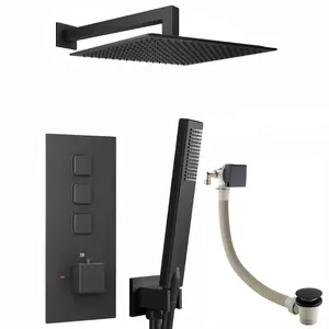 ENKI Milan Black Square Concealed Brass Thermostatic Overhead Shower & Handset Kit SH0594