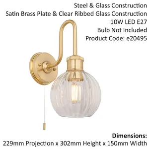 Satin Brass Bathroom Wall Light & Ribbed Glass Shade IP44 Rated Knurled Detail