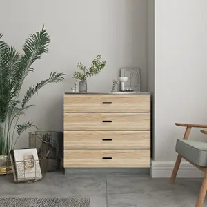 URBNLIVING Height 73cm 4 Drawer Wooden Bedroom Chest Cabinet Modern Ash Grey Carcass and Oak Drawers Wide Storage Cupboard Closet