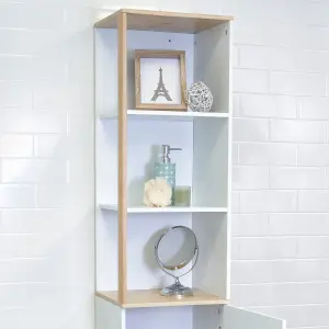 Showerdrape Catania Matt White & Bamboo Tall Bathroom Cabinet with Display Shelves