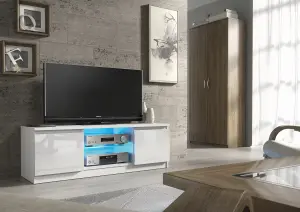 Aura TV Unit 120cm White with High Gloss Doors and LED Lighting - Creative Furniture