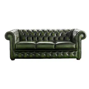 Chesterfield 3 Seater Antique Green Leather Sofa Bespoke In Classic Style