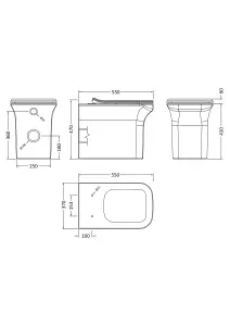 Rimless Square Back to Wall Toilet Pan & Soft Close Sandwich Seat - 470mm x 370mm x 550mm