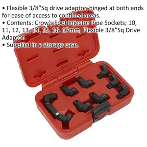 9 Piece Injector Pipe Socket Set - Flexible 3/8" Sq Drive - Crows Foot Injector