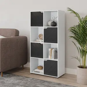 URBNLIVING 119cm Height White Wooden 8 Cube Bookcase Shelving with 4 Black Line Door Shelf Storage Cupboard Display Unit