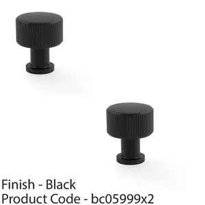 2 PACK - Round Reeded Door Knob - 29mm Diameter Matt Black Lined Cupboard Pull Handle