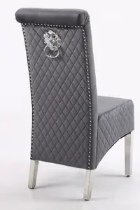 A Pair Grey Velet High Tuffted Lion Knocker Back Dining Chairs with Solid Chrome Legs