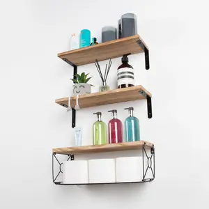 Floating Shelf Wall Mounted 3 Wood Shelves With Metal Basket