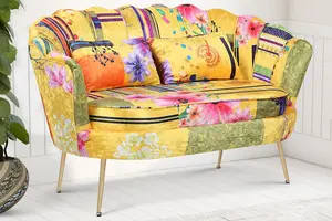 2 Seater Loveseat Small Sofa in Gold Patchwork Fabric