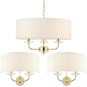 3 Bulb Ceiling Pendant Lamp & 2x Matching Twin Wall Light Modern Brass Plate