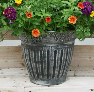 Recycled Plastic Planter Pot - 12" Floral Fluted Silver