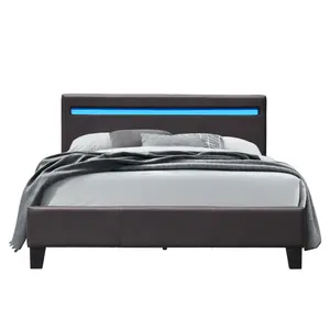 5ft Brown Faux Leather Modern Bed Frame With LED