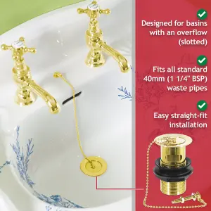 SPARES2GO Sink Basin Waste Luxury Slotted Brass Overflow Plug with Chain and Stay (40mm 1 1/4", Gold Finish)