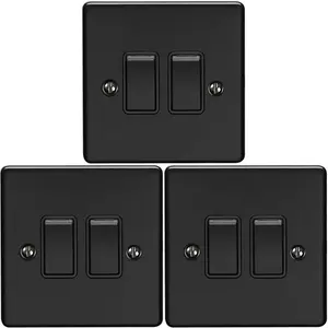 3 PACK 2 Gang Double Metal Light Switch MATT BLACK 2 Way 10A Black Trim