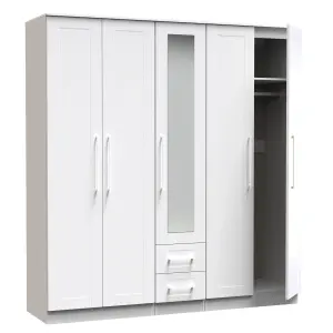 Ripon Tall 5 Door 2 Drawer 1 Mirror Wardrobe in White Ash (Ready Assembled)