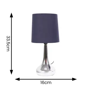 Pair - Silver Chrome Teardrop Touch Dimmer Table Lamps with Navy Blue Shade for Bedside Table Bedroom Light - LED Bulbs Included