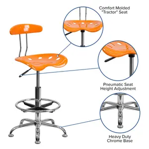 Vibrant Chrome Drafting Stool with Tractor Seat Orange