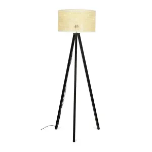 ValueLights Barbro Black Wood Tripod Floor Lamp with Large Wicker Effect Lampshade - Bulb Included