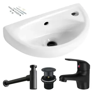 Compact Wall Hung Bathroom Basin Sink with Matt Black Tap, Waste & Bottle Trap