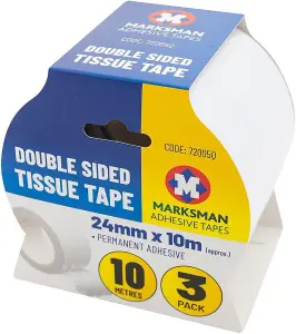 Set Of 3 Double Sided Tissue Tape Adhesive Sticky Strong Craft 24Mm X 10M