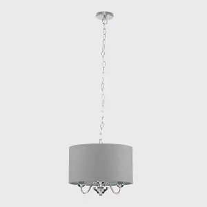 ValueLights Rocha Modern Chrome 3 Way Curved Arm Grey Linen Slimline Drum Ceiling Light Pendant - LED Candle Bulbs 3000K