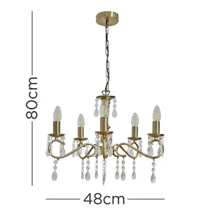 ValueLights Argyll Antique Brass 5 Way Crystal Jewel Chandelier Ceiling Light Fitting