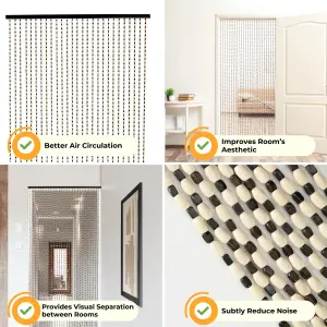 Wooden Beaded Door Curtain with Hook - 90 x 200 cm Bead Curtain 27 Strands for Doorways, White & Black Wood Bead Pattern