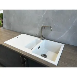 Liquida LG150WH 1.5 Bowl Granite Reversible Inset White Kitchen Sink With Waste