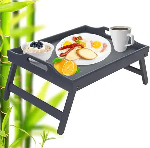 Bamboo Bed Tray Table With Handles & Foldable Legs, Multipurpose Lap Tray, Grey