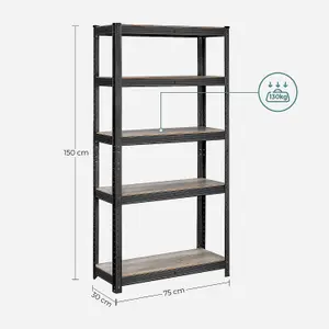 Shelving Unit, 30 x 75 x 150 cm, 650 kg Load Capacity (130 kg per Shelf), Industrial, Adjustable Storage Shelves, for Room