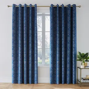 Catherine Lansfield Art Deco Pearl 66x90 Inch Lined Eyelet Curtains Two Panels Navy Blue