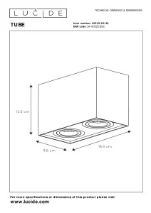 Lucide Tube Modern Rectangle Surface Mounted Ceiling Spotlight - 2xGU10 - Black