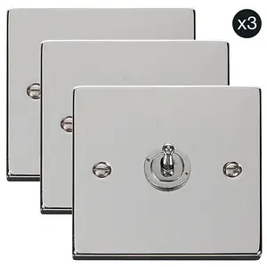 3 PACK - Polished Chrome 1 Gang 2 Way 10AX Toggle Light Switch - SE Home