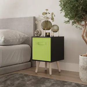 URBNLIVING 50cm Height Green 1-Drawer Cube Black Shelving Unit with Scandinavian Pine Legs