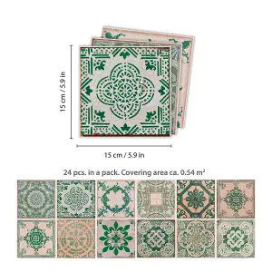 24 Pieces 15x15cm Vintage Green Antique Azulejo Tile Stickers