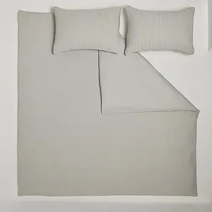 Waffle Double Duvet Cover and Pillowcases Bedding Set Light Grey Premium Cotton