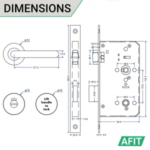 AFIT Lift to Lock Handle Set & DIN Lock for Bathroom / Toilet Cubicle Doors - Satin Stainless - for 60 Minute Fire Doors